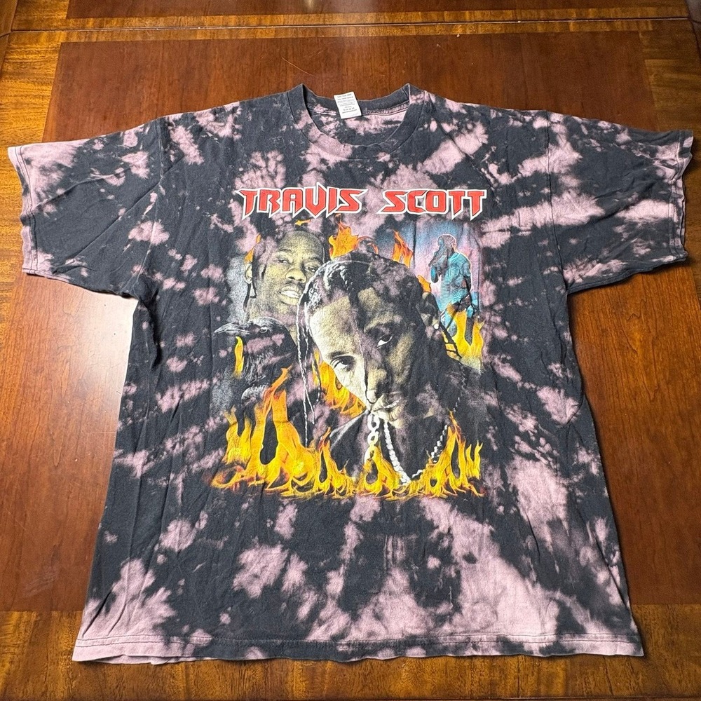 Travis Scott Flame Portrait Bleach Tie Dye T-Shirt XL Rap Hip Hop Tee 22x26